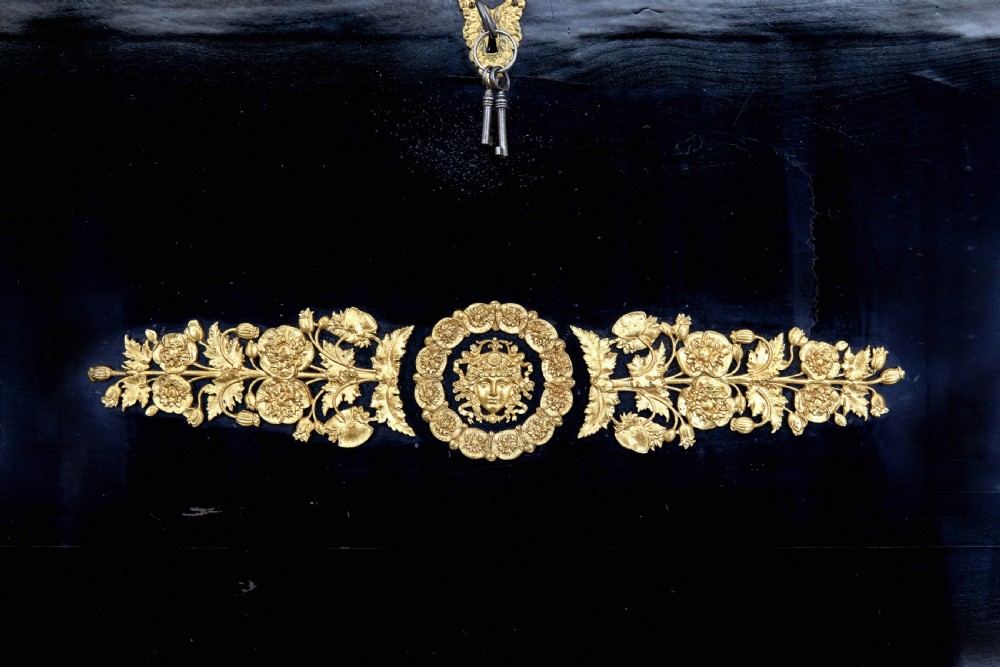An early 19th-century ebonised birch Biedermeier escritoire featuring gilded bronze mounts, architectural side columns, and multiple cabinet doors. View VIII
