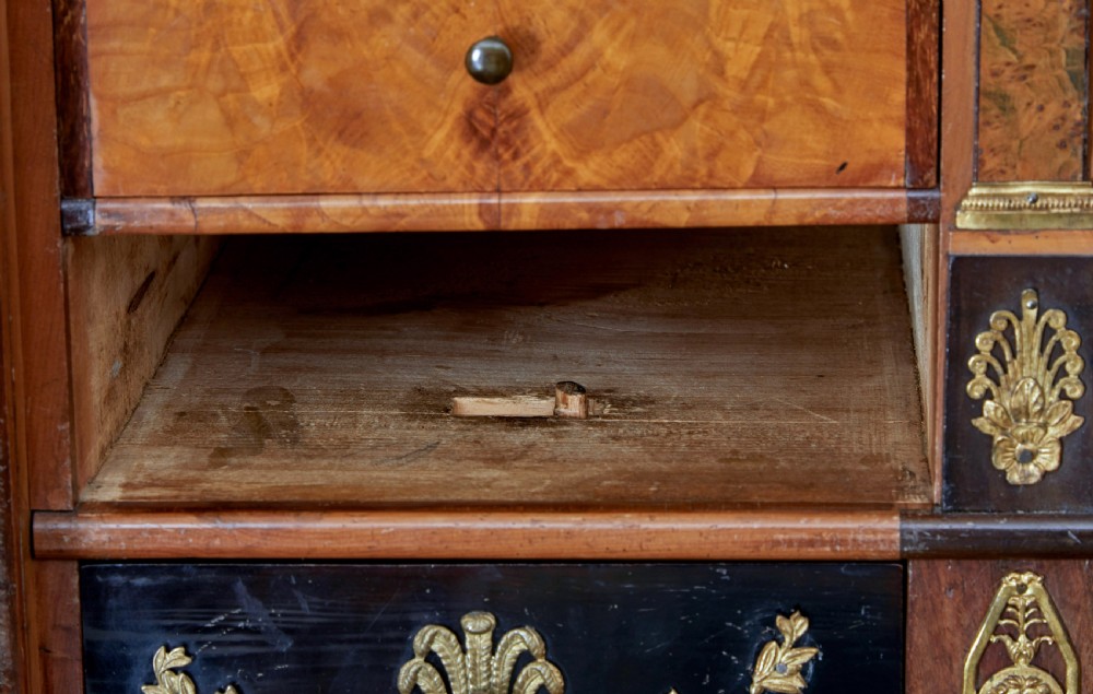 An early 19th-century ebonised birch Biedermeier escritoire featuring gilded bronze mounts, architectural side columns, and multiple cabinet doors. View XV