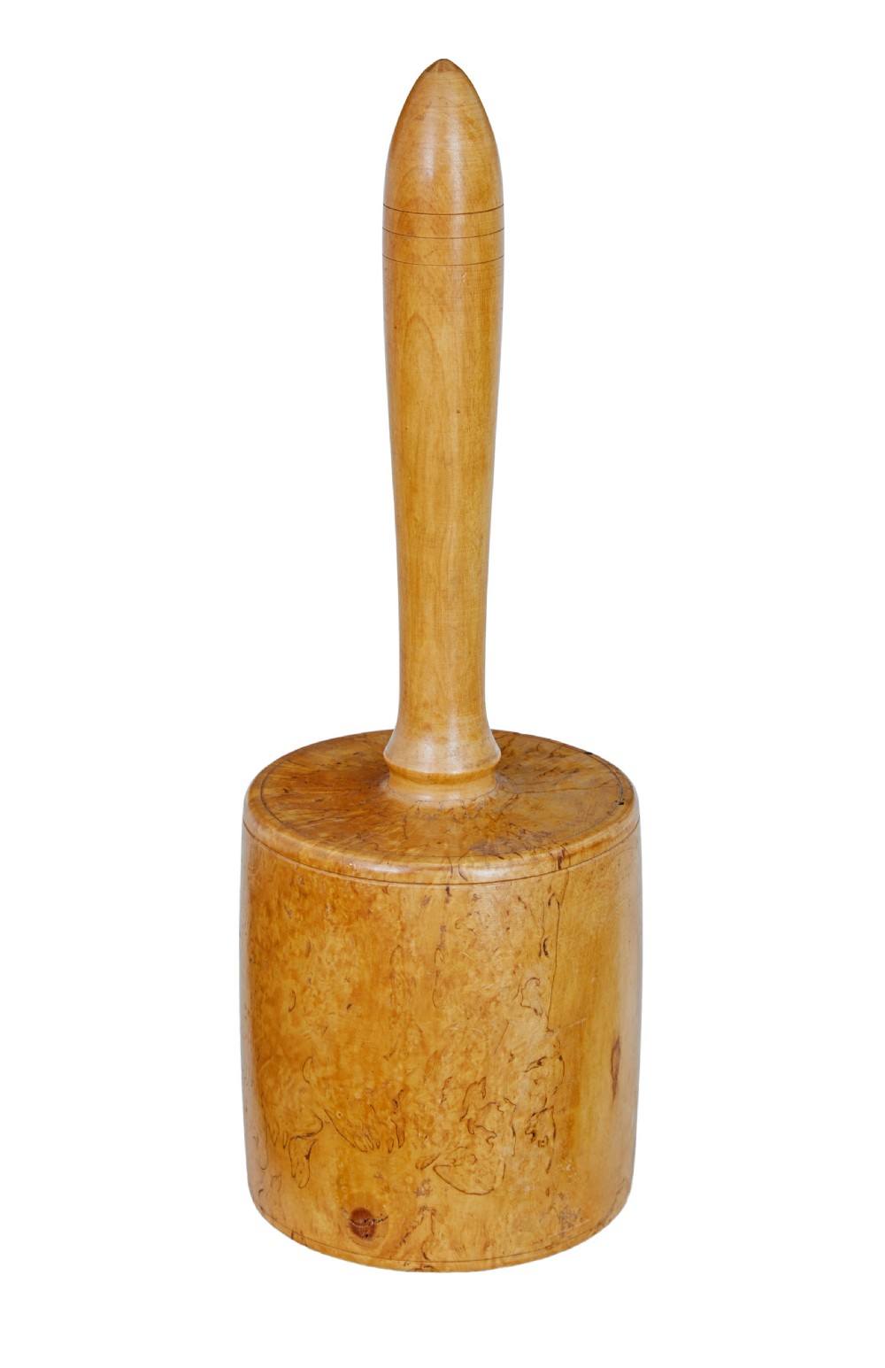 A hand-turned early 20th-century Swedish mallet crafted from solid burr birch wood with a prominent mottled grain and a tapered vertical handle.