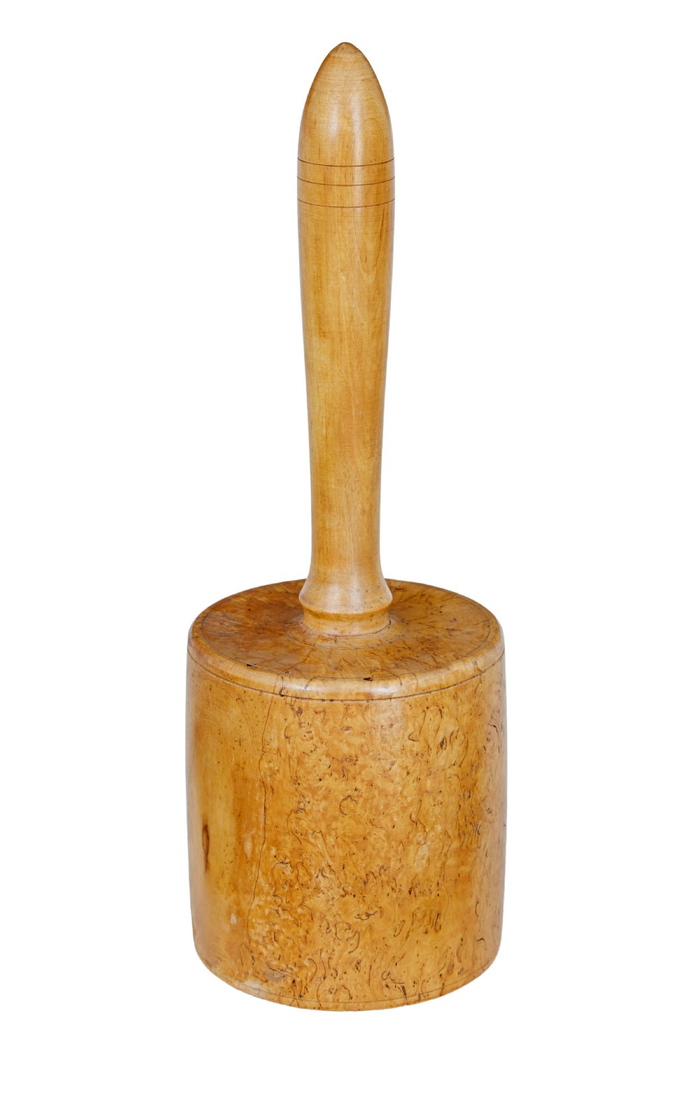 A hand-turned early 20th-century Swedish mallet crafted from solid burr birch wood with a prominent mottled grain and a tapered vertical handle. View II