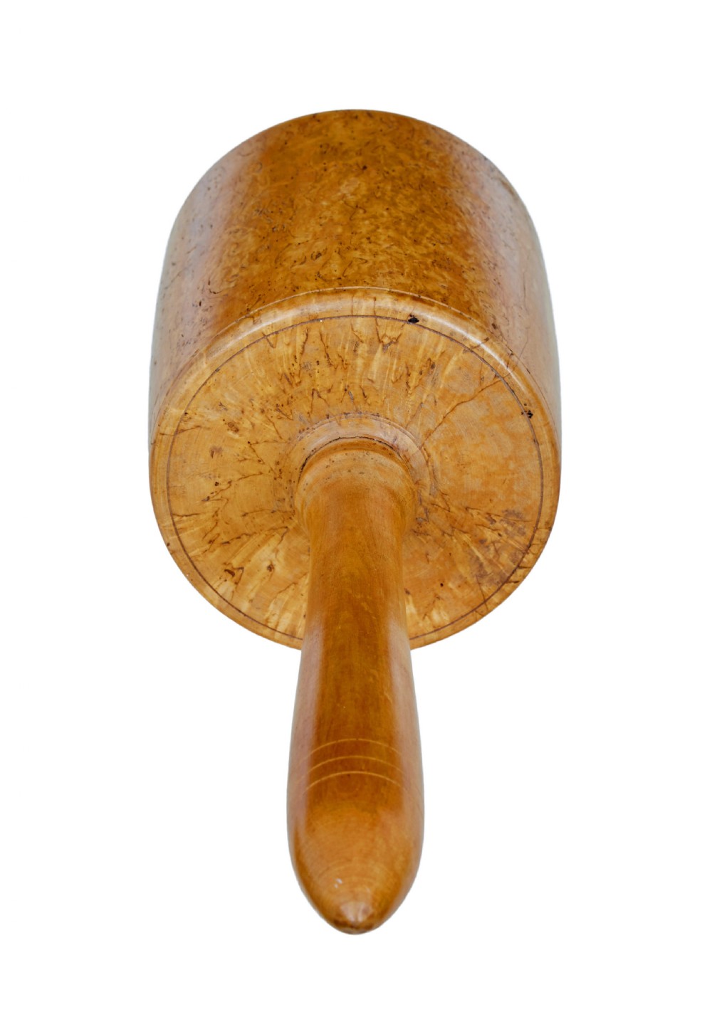 A hand-turned early 20th-century Swedish mallet crafted from solid burr birch wood with a prominent mottled grain and a tapered vertical handle. View III