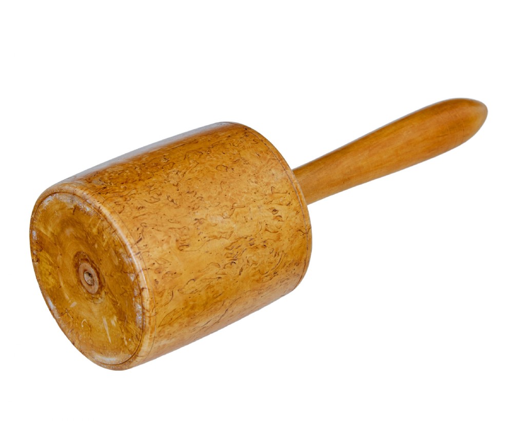 A hand-turned early 20th-century Swedish mallet crafted from solid burr birch wood with a prominent mottled grain and a tapered vertical handle. View IV