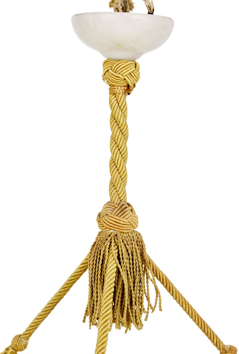 An Art Deco carved alabaster bowl pendant light suspended by braided gold ropes with decorative tassels. View II