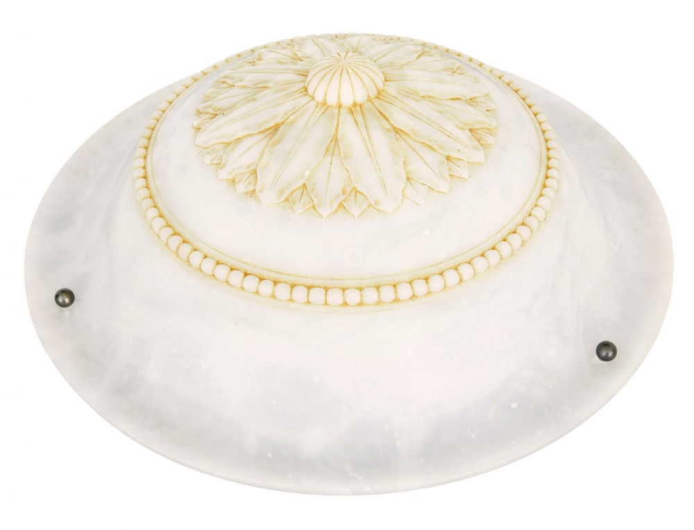 An Art Deco carved alabaster bowl pendant light suspended by braided gold ropes with decorative tassels. View IV