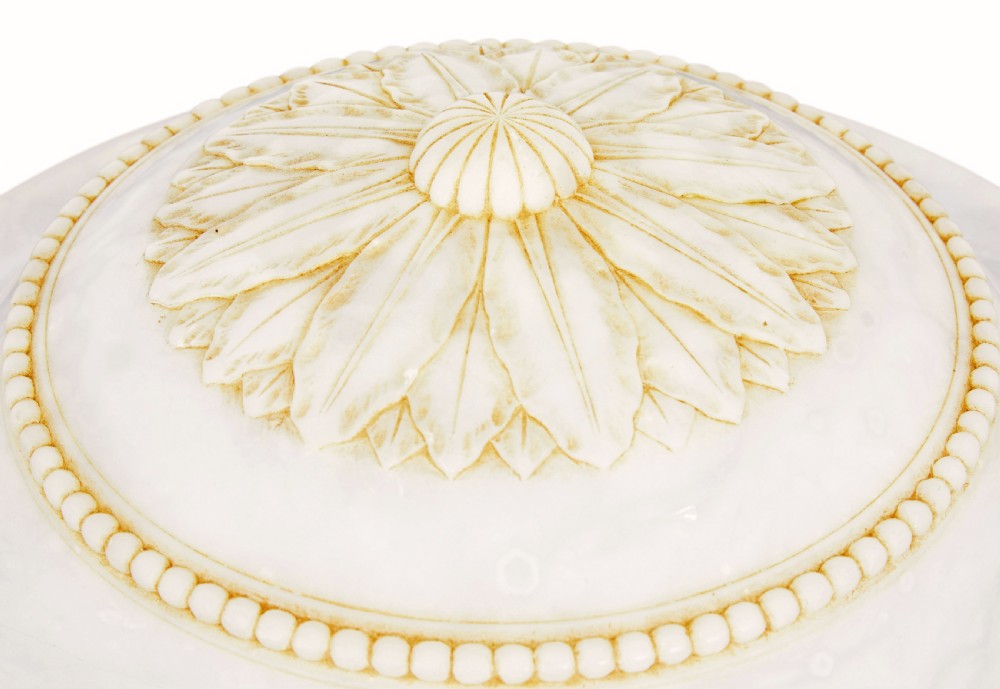 An Art Deco carved alabaster bowl pendant light suspended by braided gold ropes with decorative tassels. View V