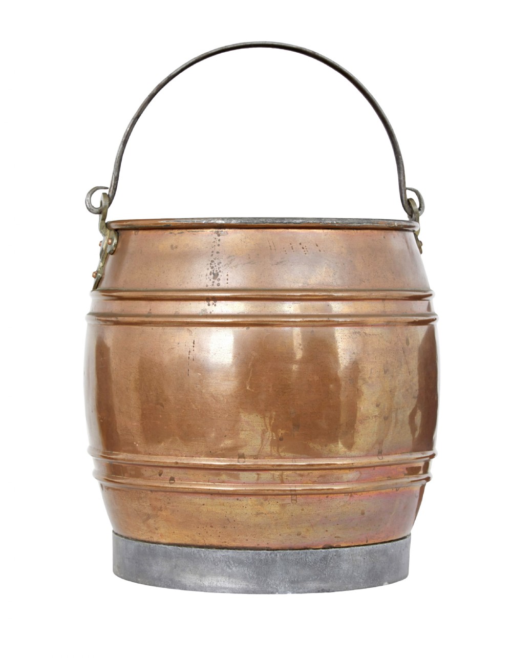 An antique late 19th-century Arts and Crafts copper bucket featuring ribbed barrel detailing, cast metal handle mounts, and an aged finish. View II