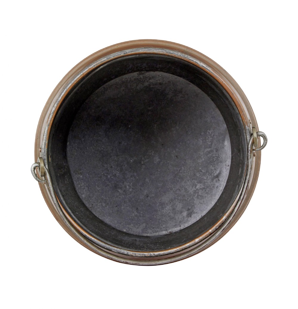 An antique late 19th-century Arts and Crafts copper bucket featuring ribbed barrel detailing, cast metal handle mounts, and an aged finish. View III
