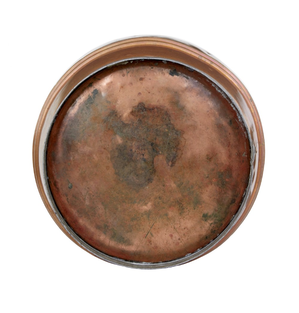 An antique late 19th-century Arts and Crafts copper bucket featuring ribbed barrel detailing, cast metal handle mounts, and an aged finish. View IV