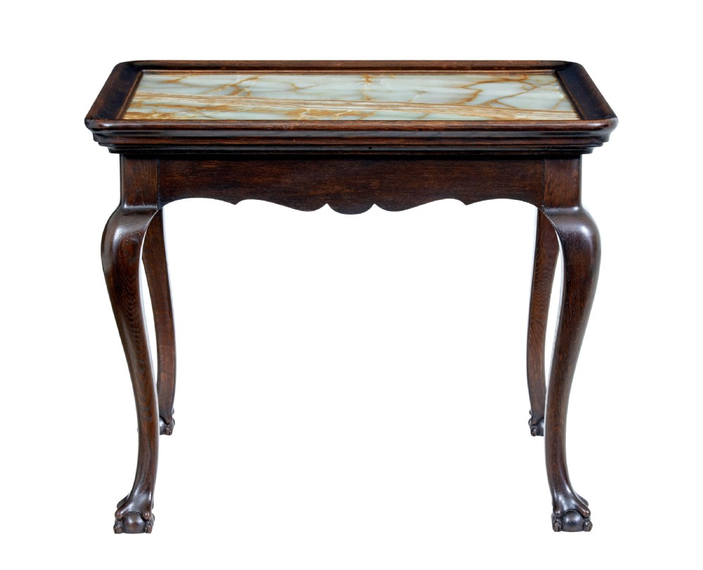 A 19th-century dark oak rectangular side table featuring a polished green and beige onyx top, carved cabriole legs, and ball-and-claw feet. View II