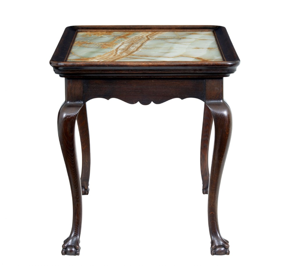 A 19th-century dark oak rectangular side table featuring a polished green and beige onyx top, carved cabriole legs, and ball-and-claw feet. View III