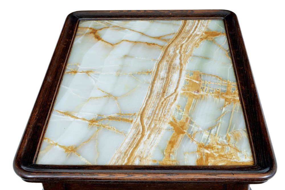 A 19th-century dark oak rectangular side table featuring a polished green and beige onyx top, carved cabriole legs, and ball-and-claw feet. View V