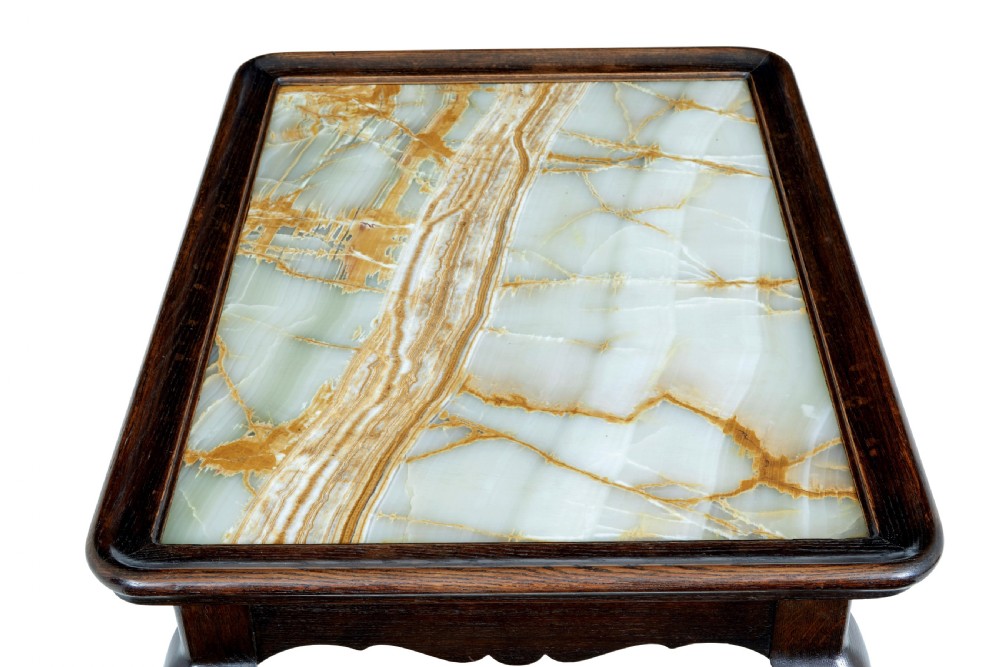 A 19th-century dark oak rectangular side table featuring a polished green and beige onyx top, carved cabriole legs, and ball-and-claw feet. View VII