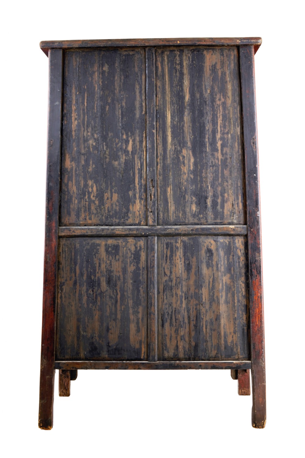 A tall 19th-century Chinese red lacquer cupboard with two panelled doors, metal lockplates, and a shaped lower apron. View V