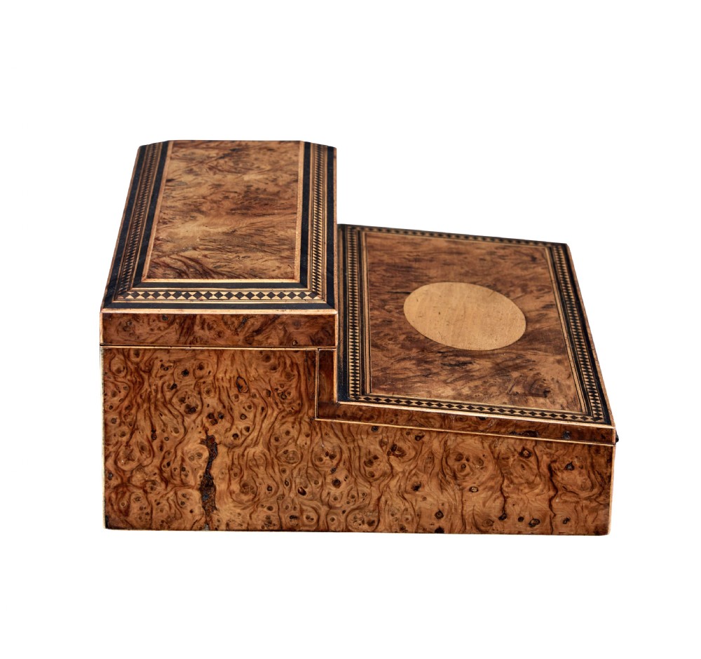 A nineteenth-century Victorian burr walnut writing slope featuring geometric inlaid border banding and a central oval cartouche. View III