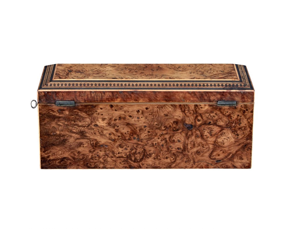 A nineteenth-century Victorian burr walnut writing slope featuring geometric inlaid border banding and a central oval cartouche. View IV