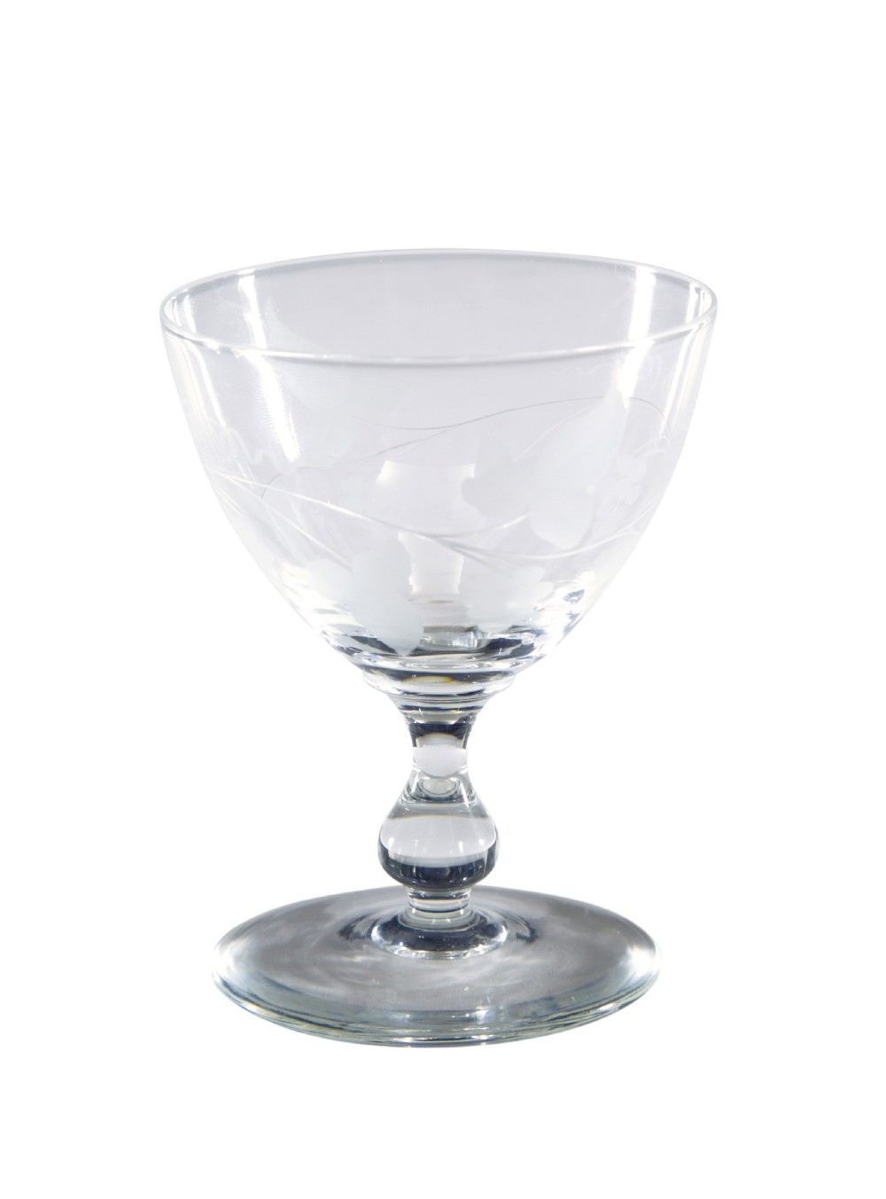 A nine-piece collection of clear 1930s glass stemware and tumblers with etched vine patterns arranged in a line. View VI