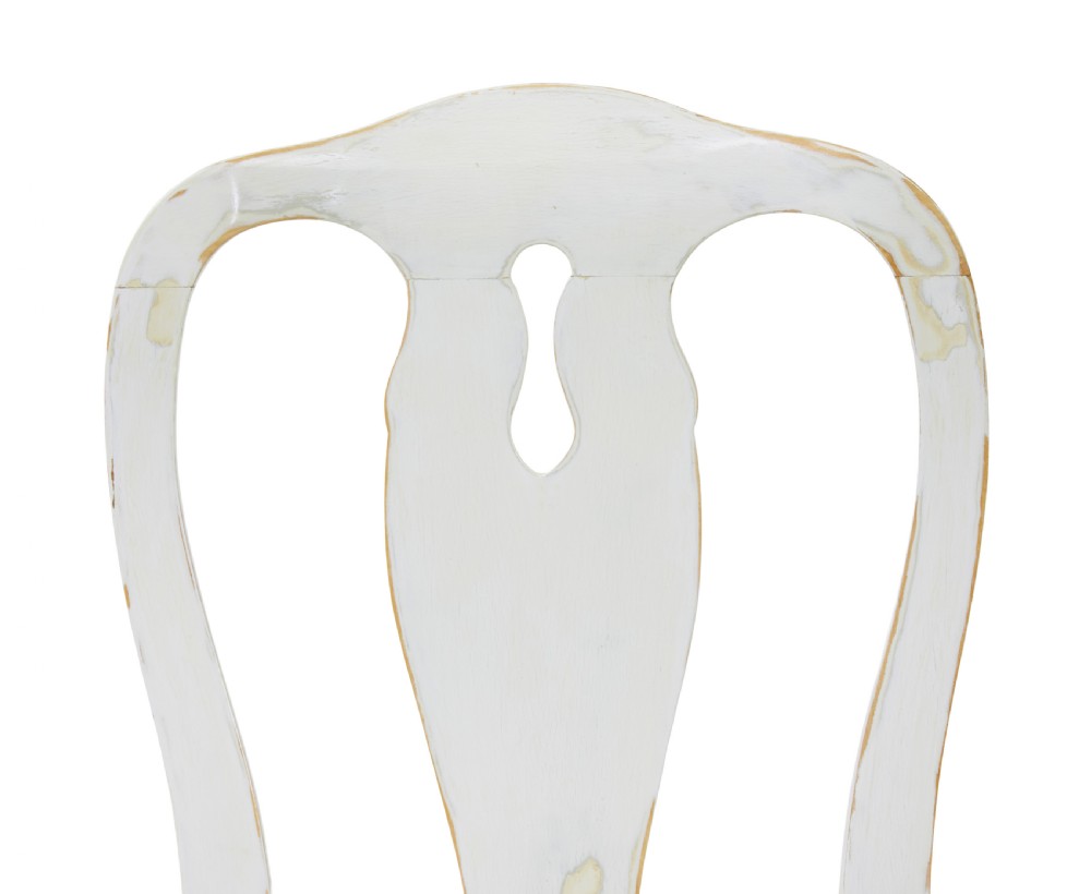 A set of fourteen distressed off-white lacquered Queen Anne style dining chairs featuring vasiform splats, cabriole legs, and striped textile upholstery. View XII