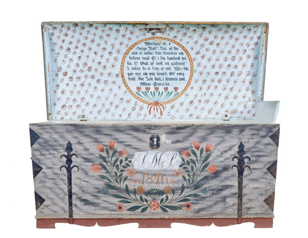 A mid-19th-century Swedish painted dome-top wooden chest featuring blue-grey grain painting, floral motifs, hand-wrought iron corner straps, and the date 1846. View II