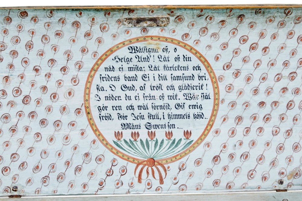 A mid-19th-century Swedish painted dome-top wooden chest featuring blue-grey grain painting, floral motifs, hand-wrought iron corner straps, and the date 1846. View IV
