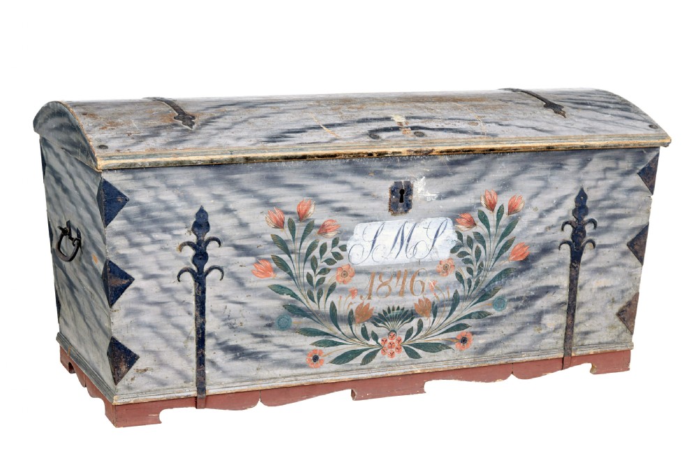 A mid-19th-century Swedish painted dome-top wooden chest featuring blue-grey grain painting, floral motifs, hand-wrought iron corner straps, and the date 1846. View V