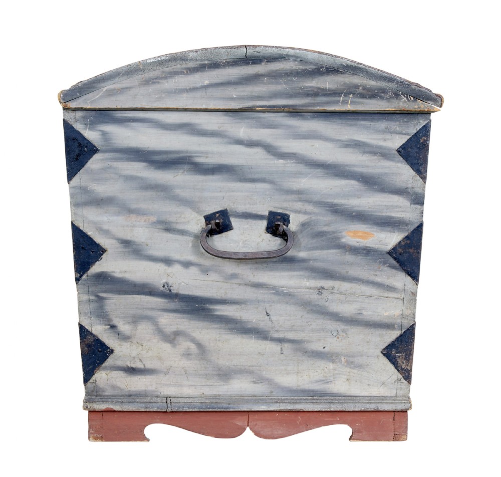A mid-19th-century Swedish painted dome-top wooden chest featuring blue-grey grain painting, floral motifs, hand-wrought iron corner straps, and the date 1846. View VI