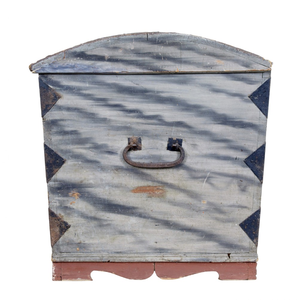 A mid-19th-century Swedish painted dome-top wooden chest featuring blue-grey grain painting, floral motifs, hand-wrought iron corner straps, and the date 1846. View VIII