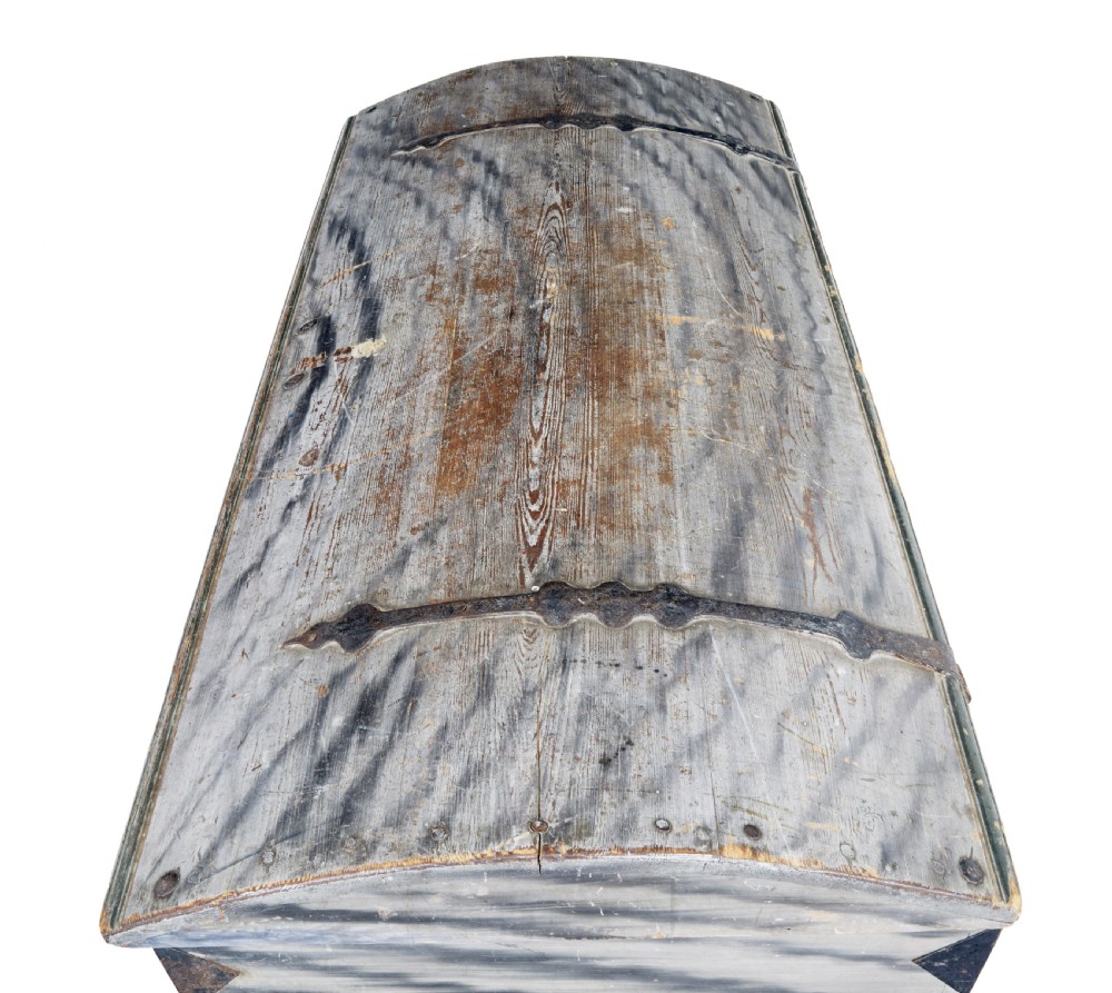 A mid-19th-century Swedish painted dome-top wooden chest featuring blue-grey grain painting, floral motifs, hand-wrought iron corner straps, and the date 1846. View IX