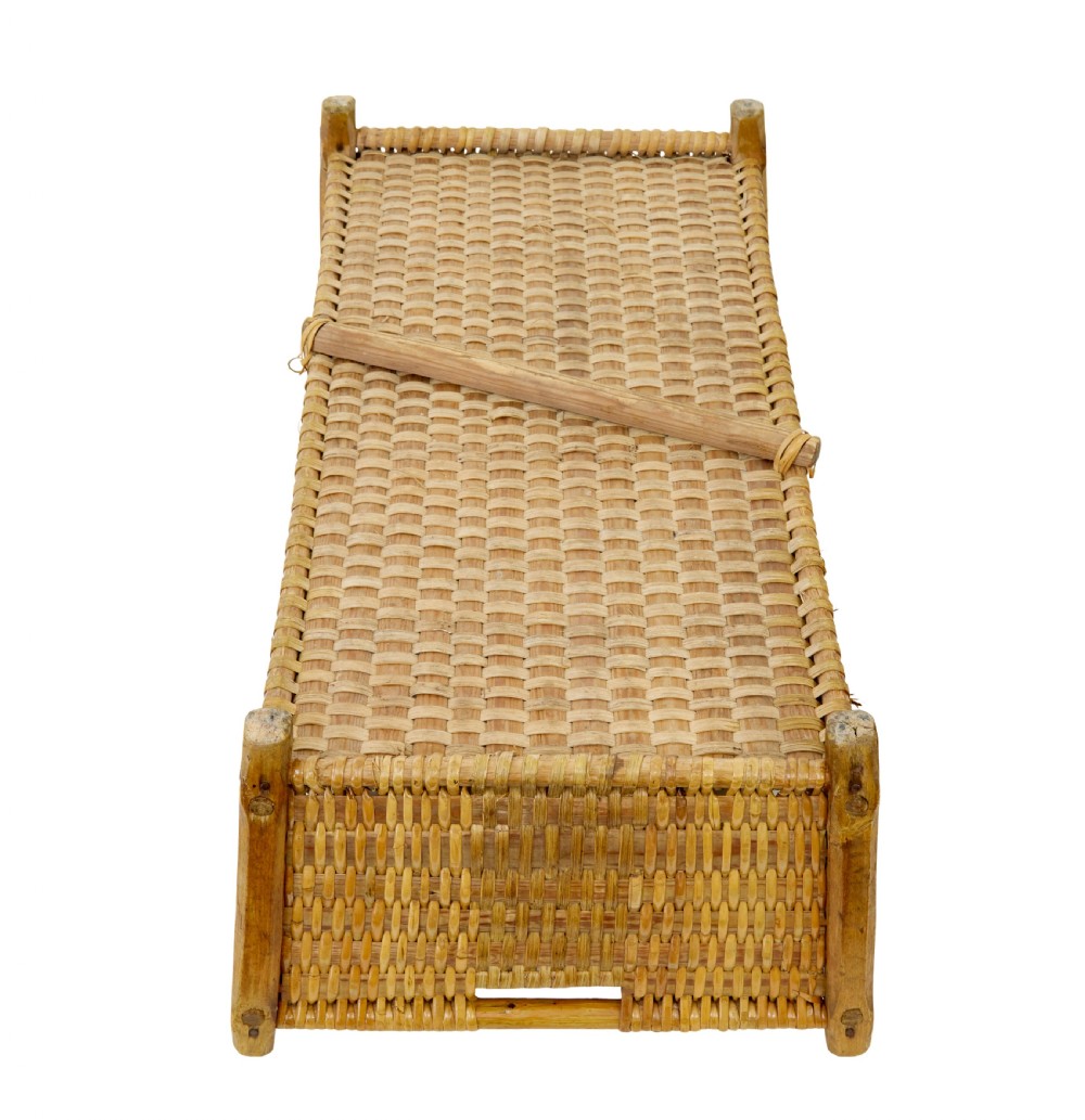 A rectangular nineteenth-century Scandinavian basket constructed from woven pine splints with raised wooden corner supports. View VII