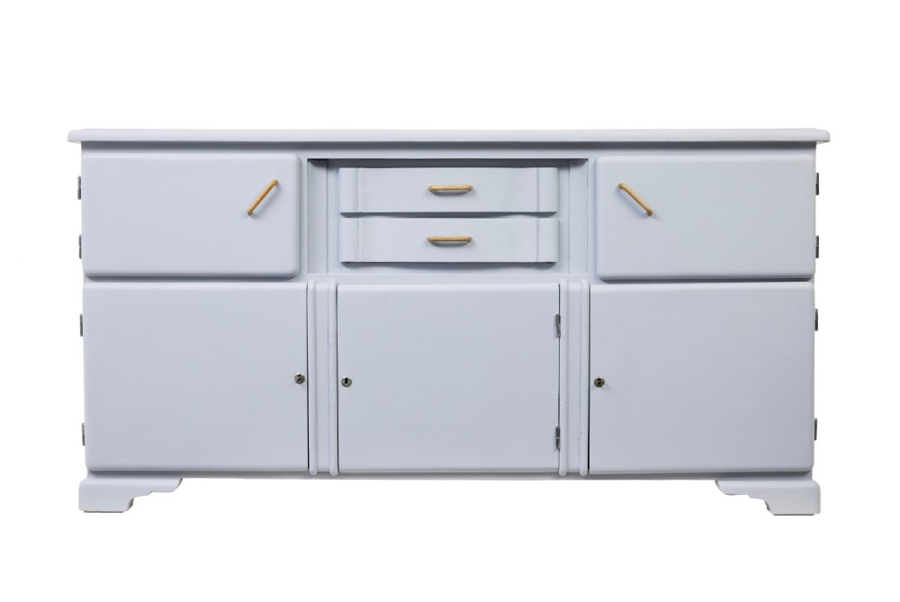 A pale blue-grey painted pine kitchen sideboard featuring five panelled cupboard doors and two central stacked drawers. View II