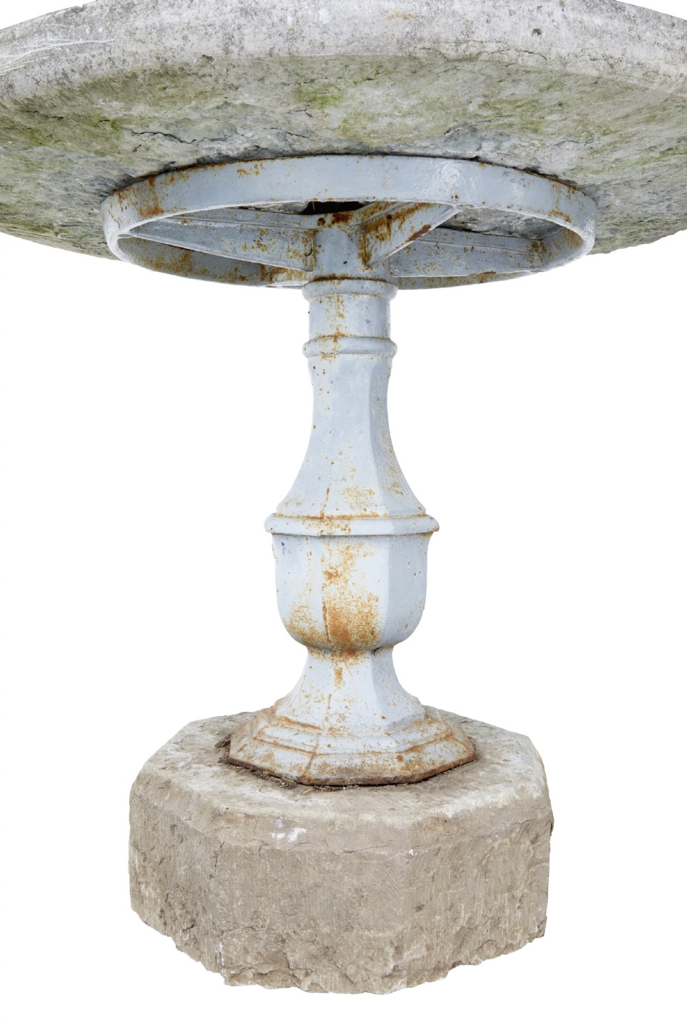 A 19th-century Swedish garden table featuring a circular stone top above a light blue painted cast iron baluster pedestal set into a heavy stone base. View V