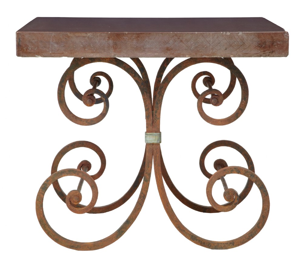 A 1920s French baker table with a thick red marble slab top resting on a scrollwork wrought iron frame. View IV