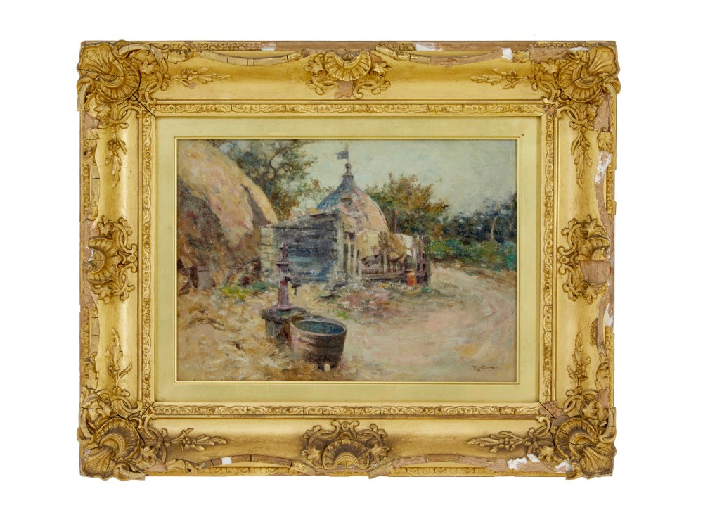 An oil painting depicting a French rural courtyard with haystacks and a water pump, framed in heavy carved giltwood.