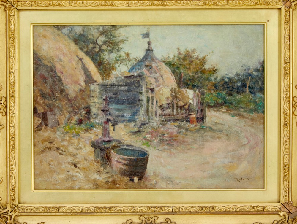 An oil painting depicting a French rural courtyard with haystacks and a water pump, framed in heavy carved giltwood. View II