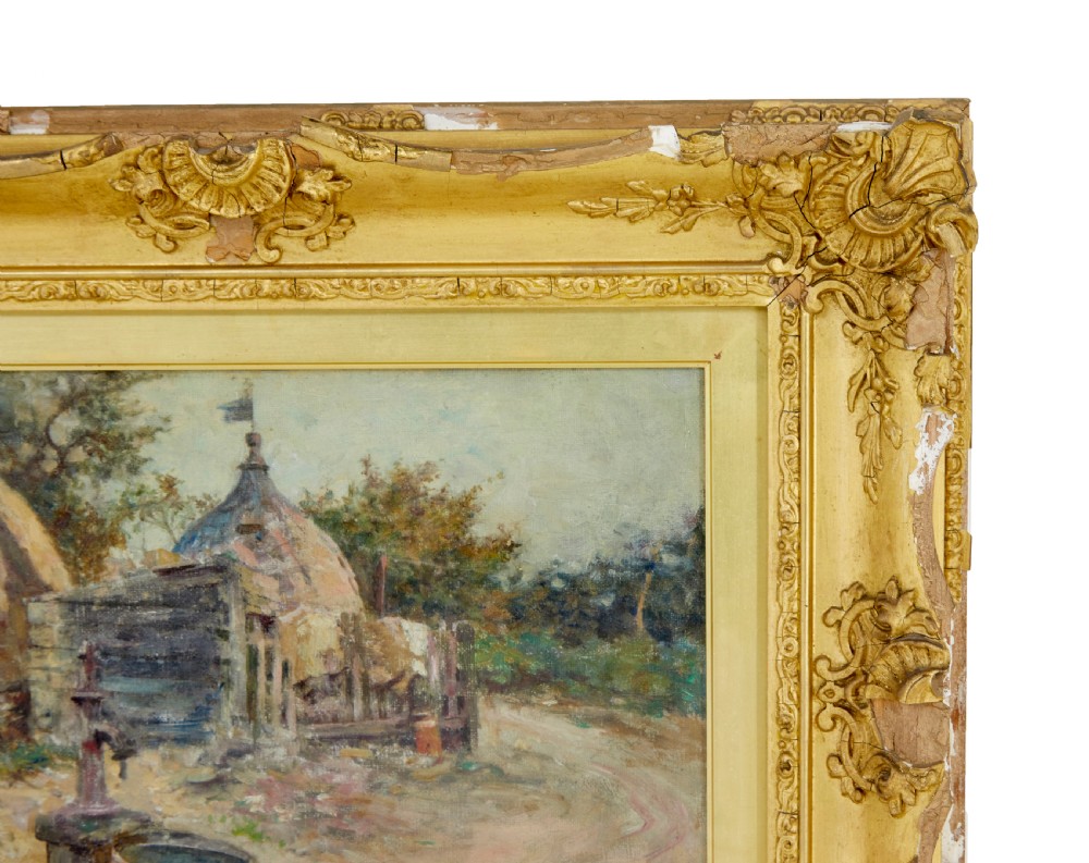 An oil painting depicting a French rural courtyard with haystacks and a water pump, framed in heavy carved giltwood. View III