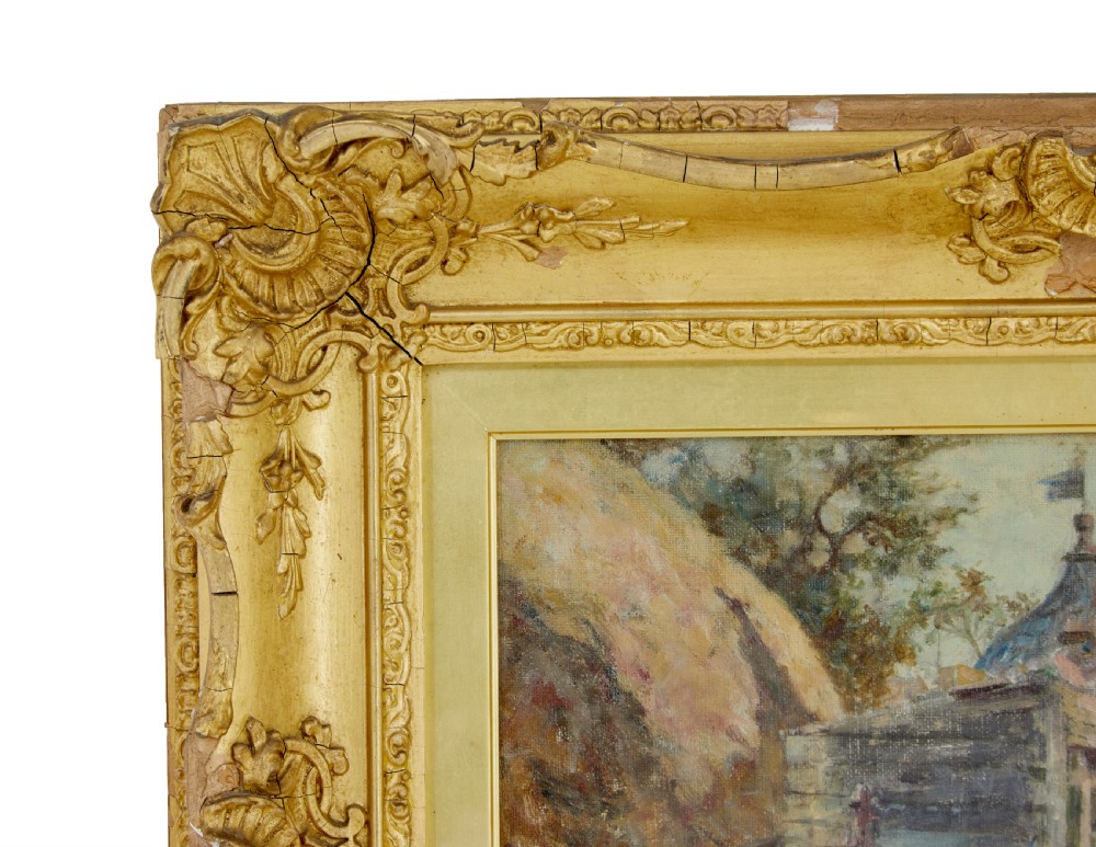 An oil painting depicting a French rural courtyard with haystacks and a water pump, framed in heavy carved giltwood. View IV