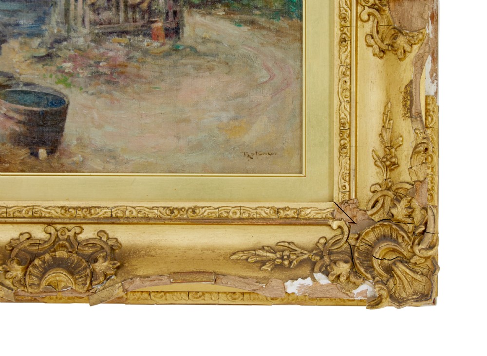 An oil painting depicting a French rural courtyard with haystacks and a water pump, framed in heavy carved giltwood. View V