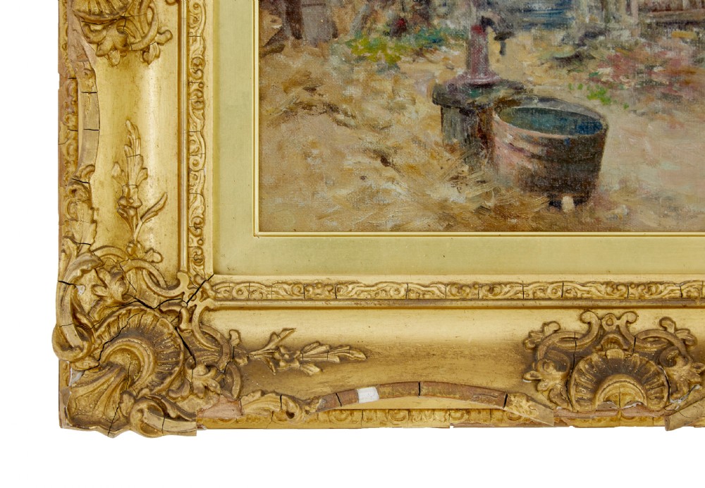 An oil painting depicting a French rural courtyard with haystacks and a water pump, framed in heavy carved giltwood. View VI