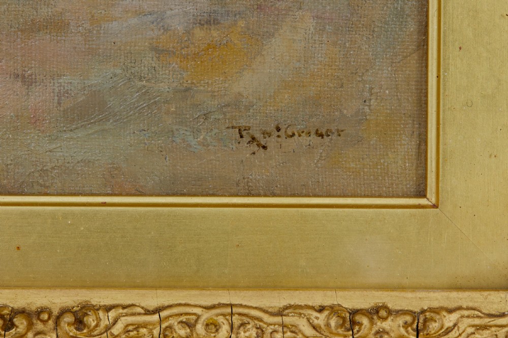 An oil painting depicting a French rural courtyard with haystacks and a water pump, framed in heavy carved giltwood. View VII