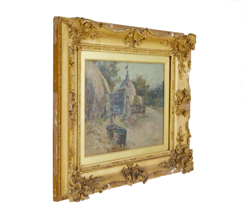 An oil painting depicting a French rural courtyard with haystacks and a water pump, framed in heavy carved giltwood. View VIII