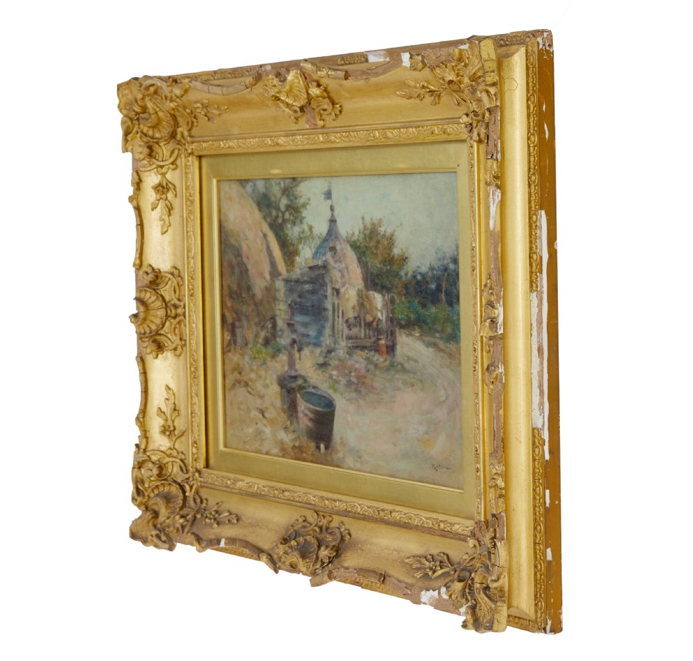 An oil painting depicting a French rural courtyard with haystacks and a water pump, framed in heavy carved giltwood. View IX