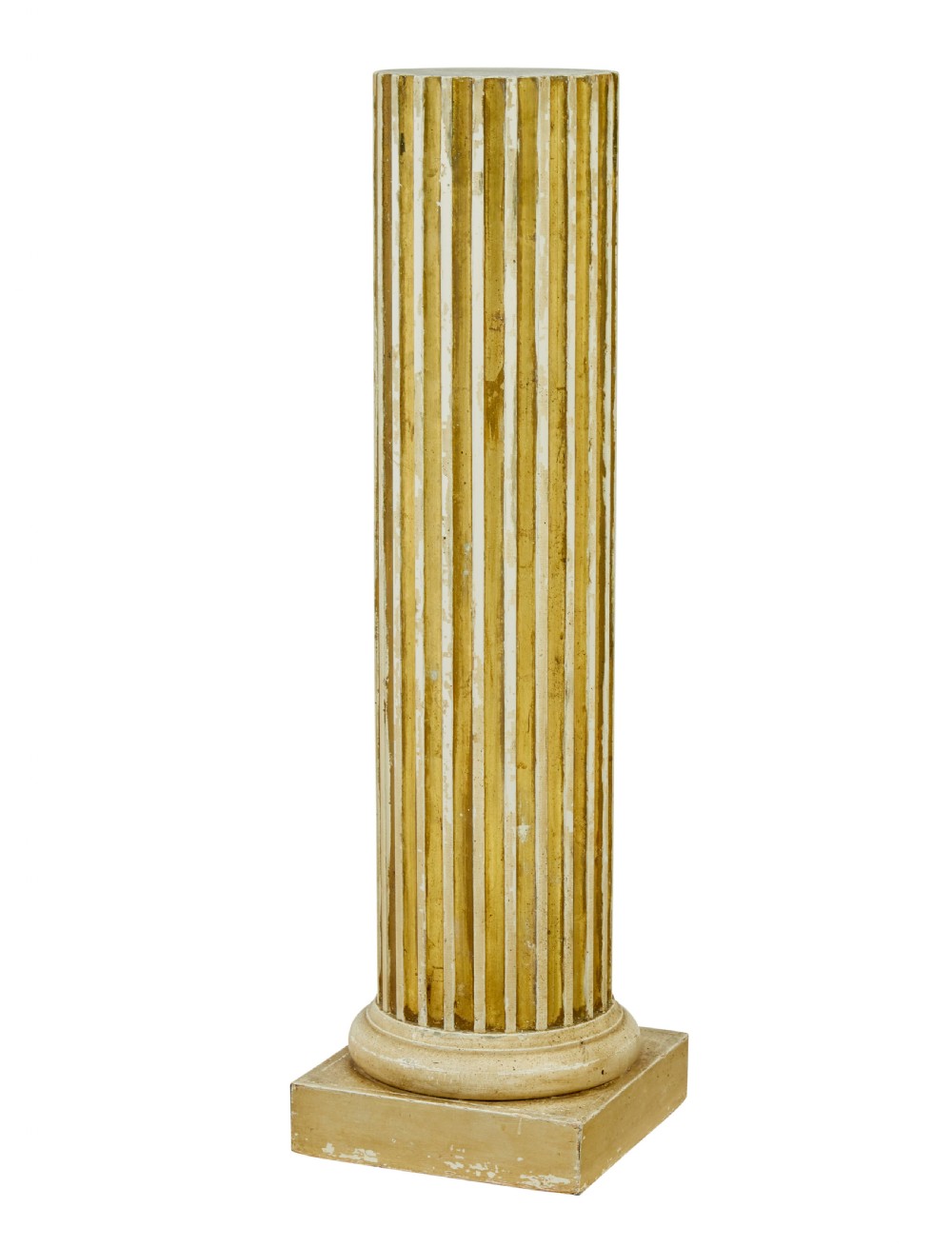An early 20th-century Scandinavian architectural column pedestal featuring a vertical fluted design in distressed gold leaf and cream painted finish set on a square base.
