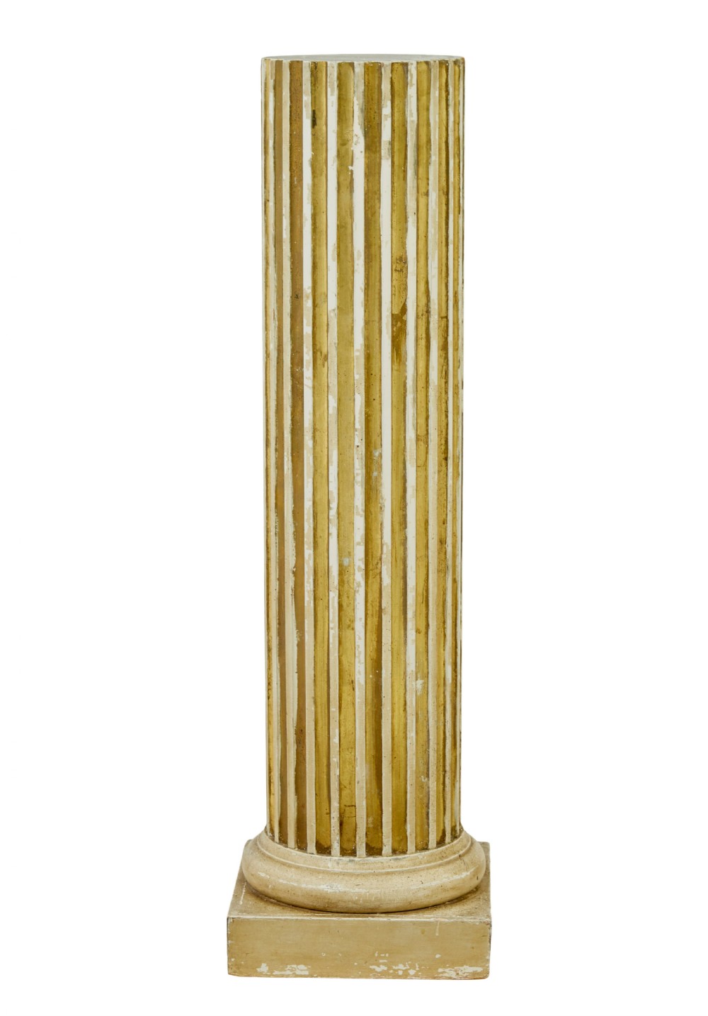 An early 20th-century Scandinavian architectural column pedestal featuring a vertical fluted design in distressed gold leaf and cream painted finish set on a square base. View II