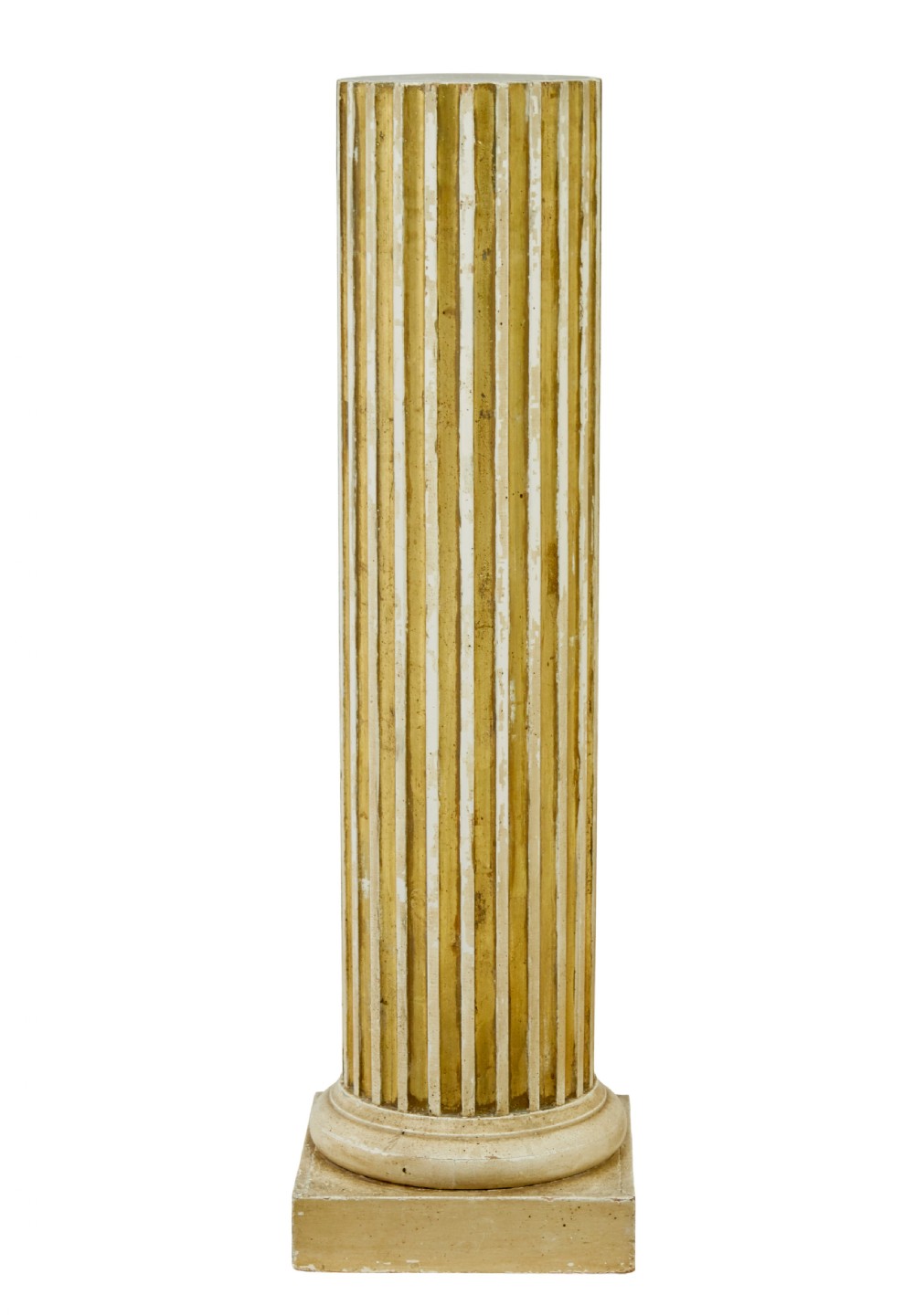An early 20th-century Scandinavian architectural column pedestal featuring a vertical fluted design in distressed gold leaf and cream painted finish set on a square base. View III