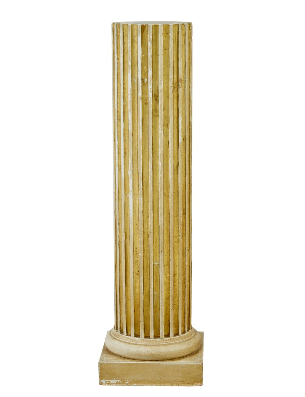 An early 20th-century Scandinavian architectural column pedestal featuring a vertical fluted design in distressed gold leaf and cream painted finish set on a square base. View IV