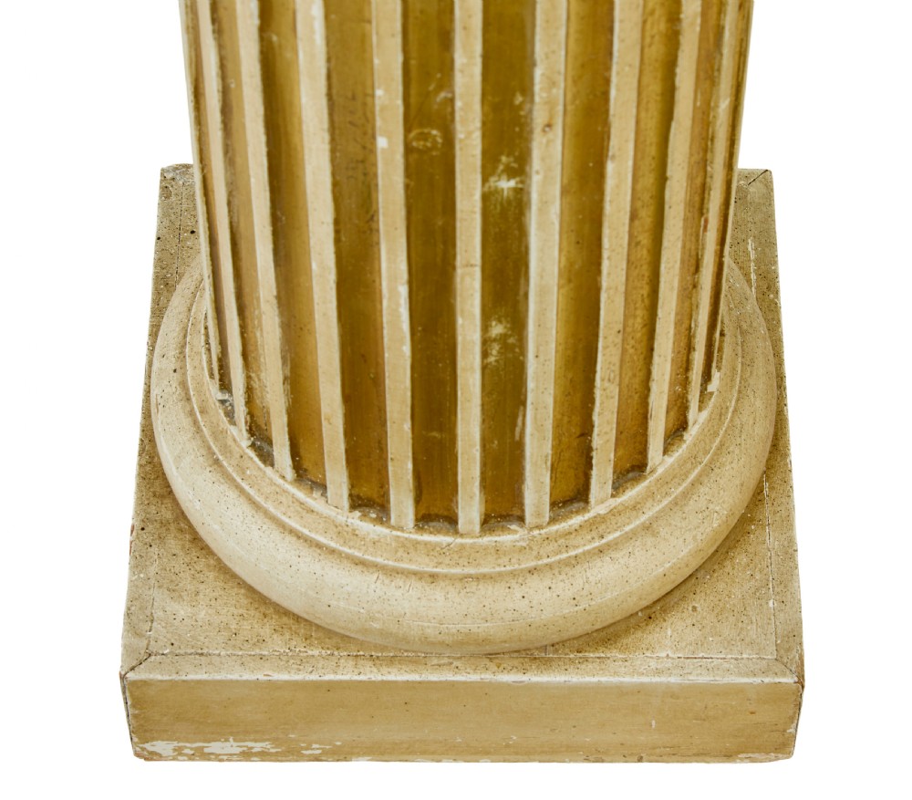 An early 20th-century Scandinavian architectural column pedestal featuring a vertical fluted design in distressed gold leaf and cream painted finish set on a square base. View VI