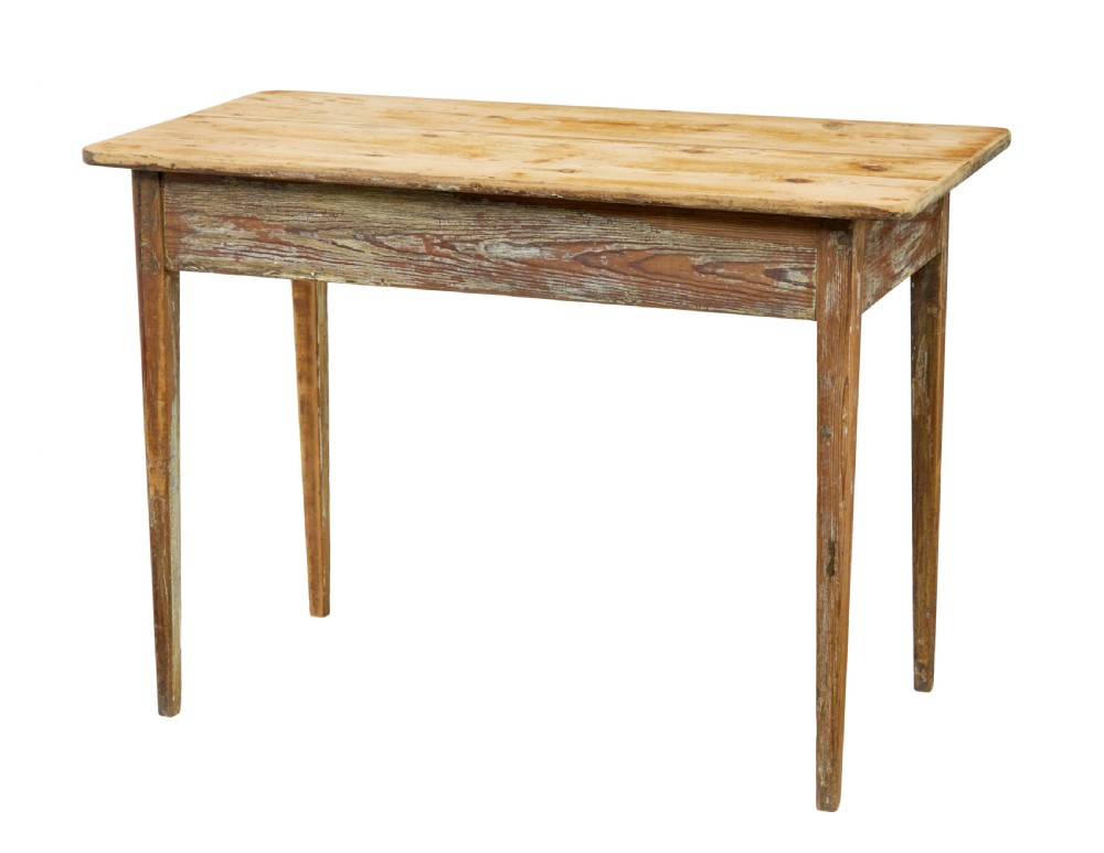 A nineteenth-century Swedish pine side table featuring a rectangular plank top, tapered square legs, and a scraped wood finish.