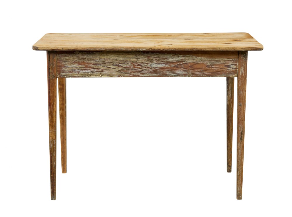 A nineteenth-century Swedish pine side table featuring a rectangular plank top, tapered square legs, and a scraped wood finish. View II