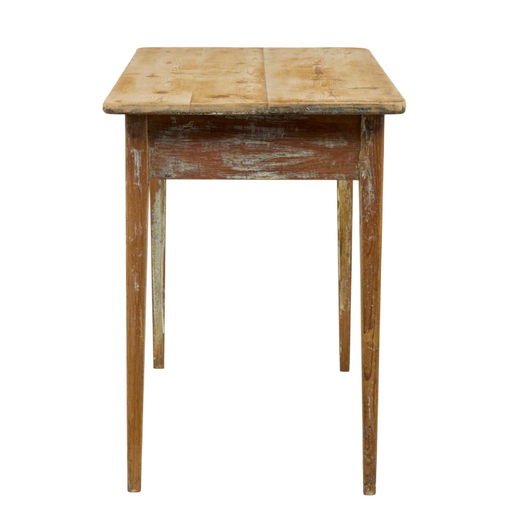 A nineteenth-century Swedish pine side table featuring a rectangular plank top, tapered square legs, and a scraped wood finish. View III