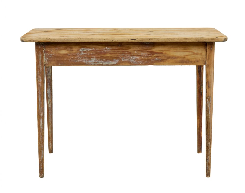 A nineteenth-century Swedish pine side table featuring a rectangular plank top, tapered square legs, and a scraped wood finish. View IV