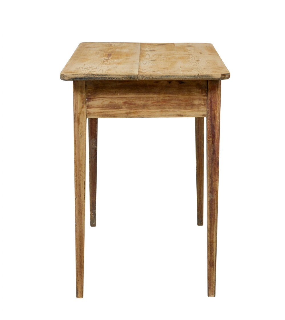 A nineteenth-century Swedish pine side table featuring a rectangular plank top, tapered square legs, and a scraped wood finish. View V